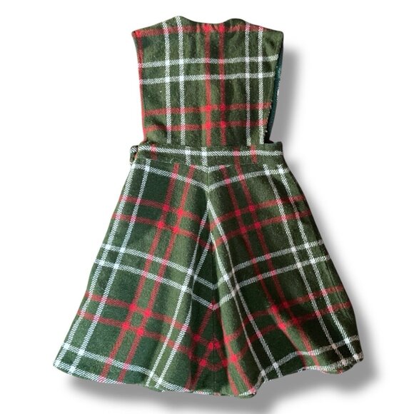 Vintage 1960s Girls Pinafore Dress Sz 6 7 Green Plaid Wool Jumper Christmas - Picture 5 of 7